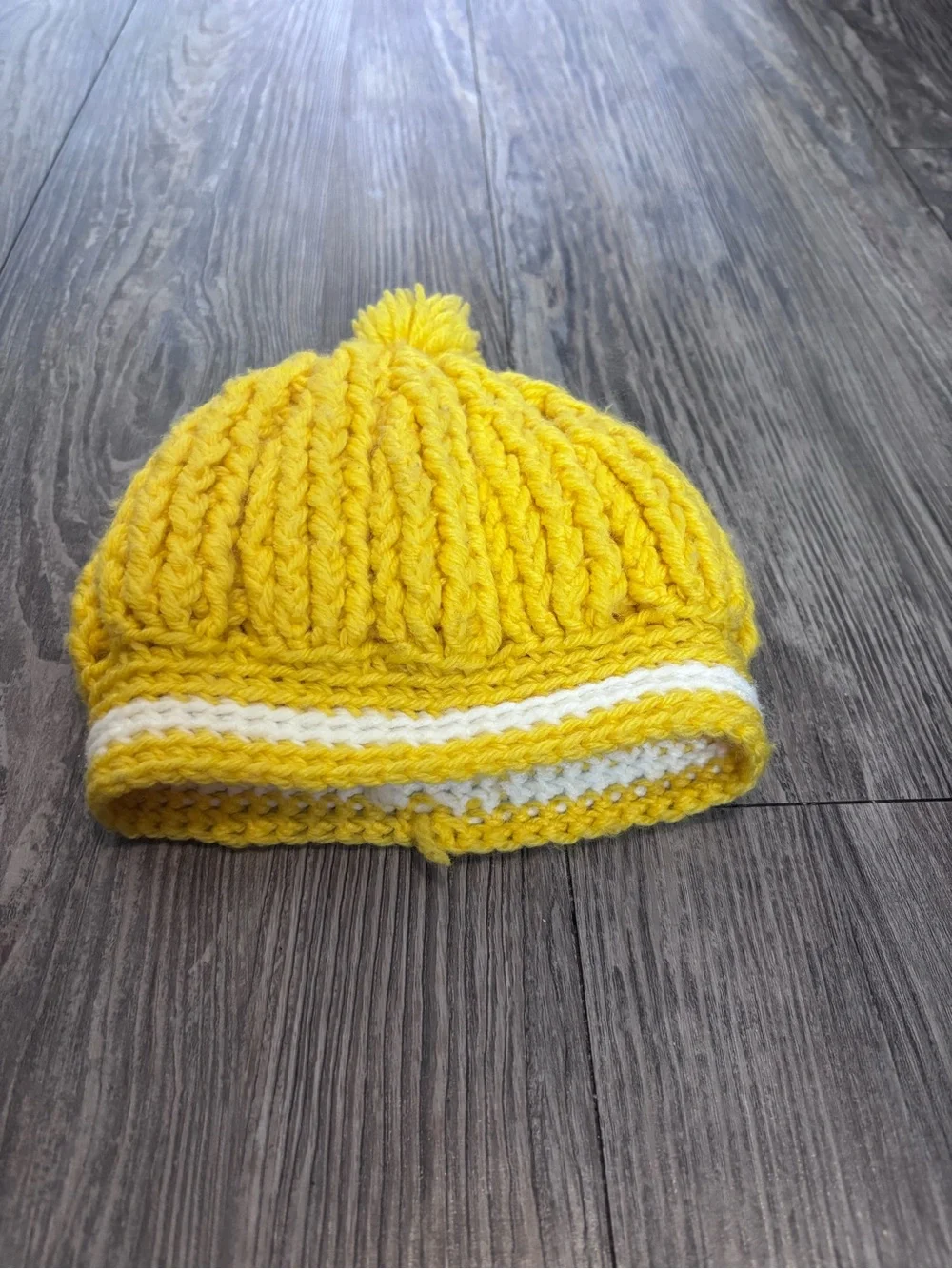 Cozy Yellow Knit Pom Hat for Kids with White Stripe